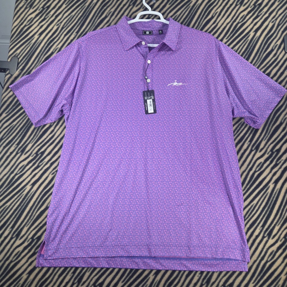 FootJoy Mens Lisle Allover Floral Golf Polo Shirt Purple Pink 30469 2XL NEW